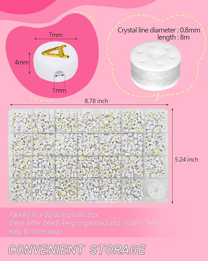 Looconi 1400pcs Letter Beads A-Z 4x7mm White On Gold Round Acrylic Alphabet Heart Beads and Beading Cord for Jewelry Making Bracelets Necklaces Key Chains