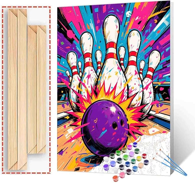 Colorful Bowling Ball Paint by Numbers Kit for Adults Beginner Bowling Strike Paint by Number Kit on Canvas Pop Art Sports DIY Paintwork Home Decorations Bedroom Gifts 16"x20" (DIY Frame)