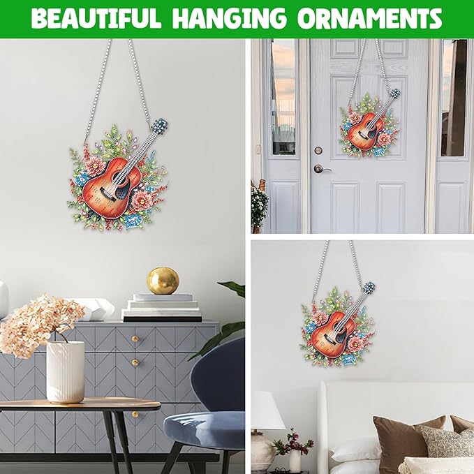 NAIMOER Diamond Art Hanging Kits for Adults Guitar Flowers 5D Special Shaped Rhinestone, DIY Acrylic Diamond Art Painting Window Pendants Home Garden Wall Hanging Ornament Kits, Double Sided
