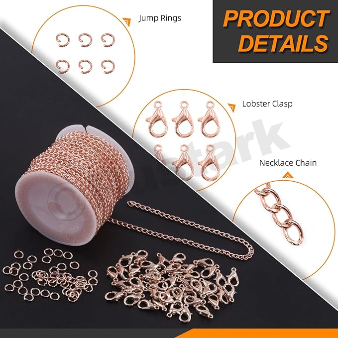 Rustark 102Pcs 4mm 30 Feet Rose Gold Jewelry Making Chains Kit Thin Necklace Bracelet Chain Twisted Links Curb Chain with Jump Rings Lobster Clasps and Pliers for Bracelet Necklace Jewelry Making