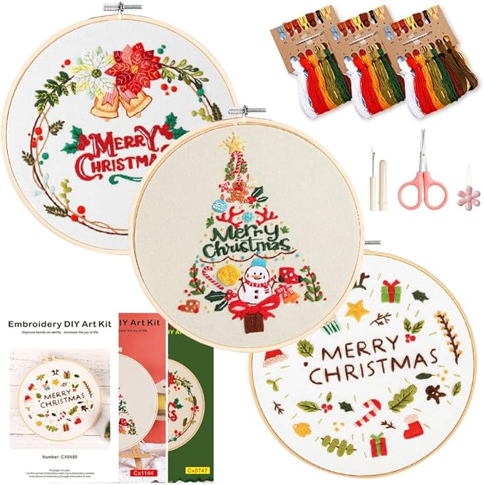 christmas embroidery kits: 3 pack cross stitch kit for beginners adults, diy ornaments craft kit with all tools & instructions, stamped hand embroidery starter kit for holiday crafts & xmas home decor