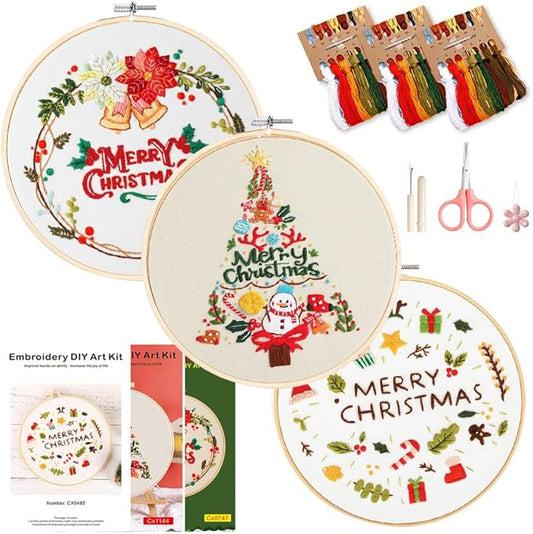 christmas embroidery kits: 3 pack cross stitch kit for beginners adults, diy ornaments craft kit with all tools & instructions, stamped hand embroidery starter kit for holiday crafts & xmas home decor