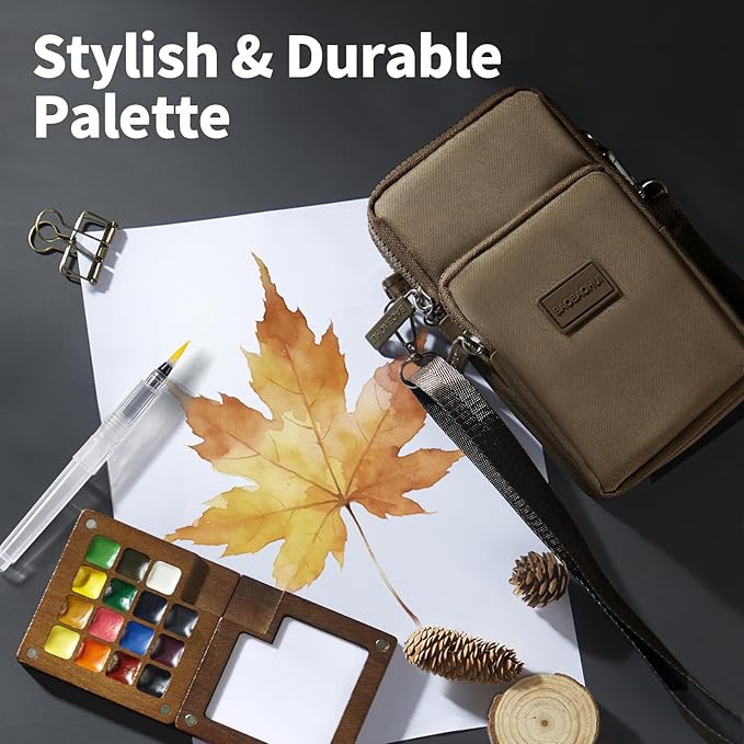 Mini Watercolor Paint Set, All-in-One 15-Color Walnut Wood Travel Kit with Crossbody Bag, Watercolor Journal, Metal Clip, Water Cup, Water Brush, Portable Pocket Art Set for Adult Art Lovers (Brown)