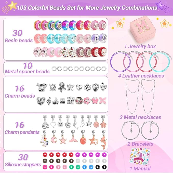 LifeisLuck Charm with Bracelet Making Kit, Jewelry Making Kit for Bracelet DIY Bead Necklace Kit with Cute Bracelet Box Unicorns Crafts Arts Kit Birthday Gifts - M