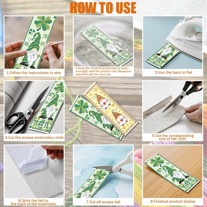 FREEBLOSS 6 Set Cross Stitch Bookmark Kit St. Patrick Gnome Pattern Stamped Cross Stitch Kit 11CT Christmas Embroidery Kits with Instructions for Beginners Adult 20x6cm/8x2.4inch