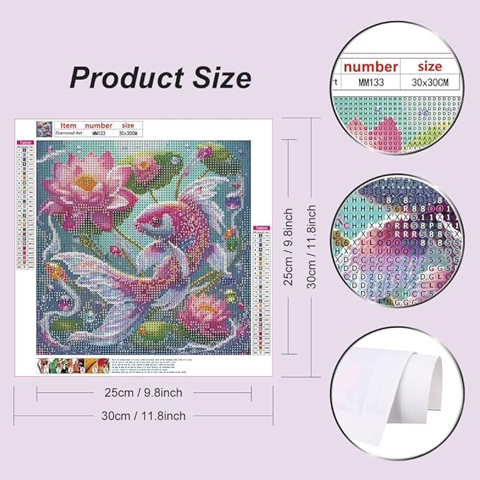 WSLWXSHM Diamond Painting Kits for Adults Fish, Lotus Round Full Drill Diamond Art Kits, 5D DIY Paint with Diamonds Crafts for Home Wall Decoration Gifts 12×12Inch