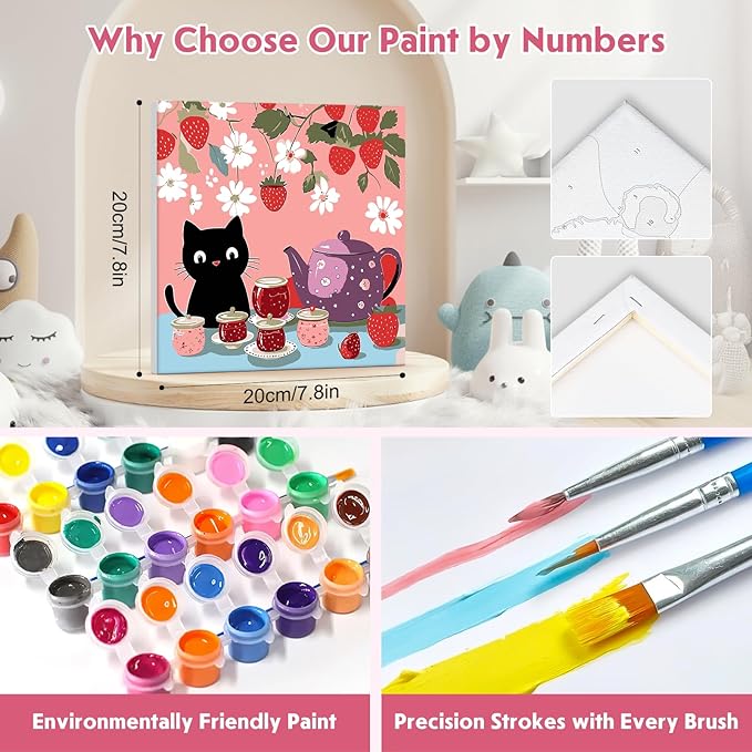 4 Pack Paint by Numbers Kit for Kids Beginner with Wooden Frame, Funny Black Cat, Paint by Numbers Kit for Adults, Black Cat Birthday Cakes And Flower, DIY Painting Kits for Home Wall Decor 8x8 inch