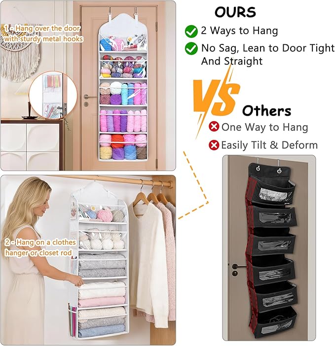 MYBAGZING Hanging Yarn Storage Organizer with Zipper Pockets, 5 Tiers Over the Door & Closet Yarn Holder, Large Crochet & Knitting Organizer with Side Pockets for Hooks, Needles & Accessories