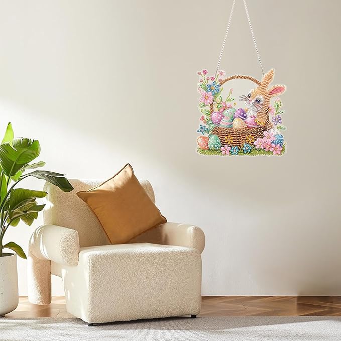 MOGTAA Easter Bunny Diamond Art Hanging Kits for Adults Beginners, Easter Egg Diamond Art Suncatchers, 5D Special Shape Flowers Diamond Painting Window Pendant Kit for Home Garden Wall Decor