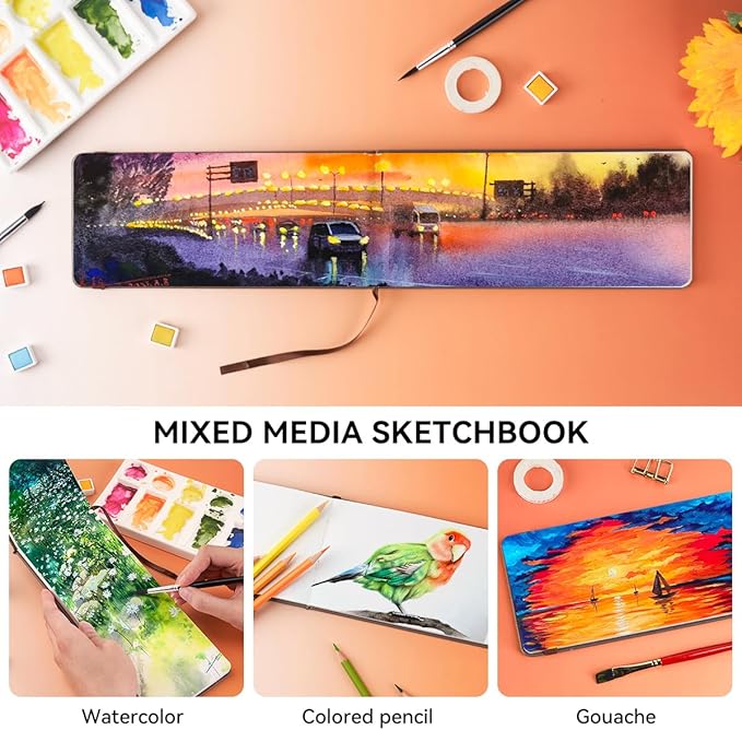 Lightwish Watercolor Journal, 100% Cotton Cold Press Watercolor Paper Sketchbook 9.25” x 3.93”, 20 Sheets (140lb/300gsm), Acid-Free for Watercolors, Gouache, Acrylics