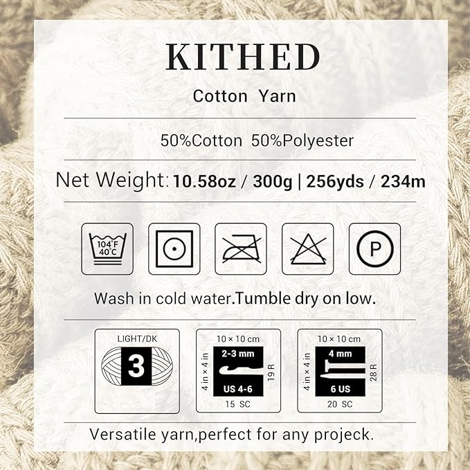 Cotton Yarn，10.5oz，526yard，3 Pack ，Soft Yarn for Crocheting and Knitting (51 White Beige)