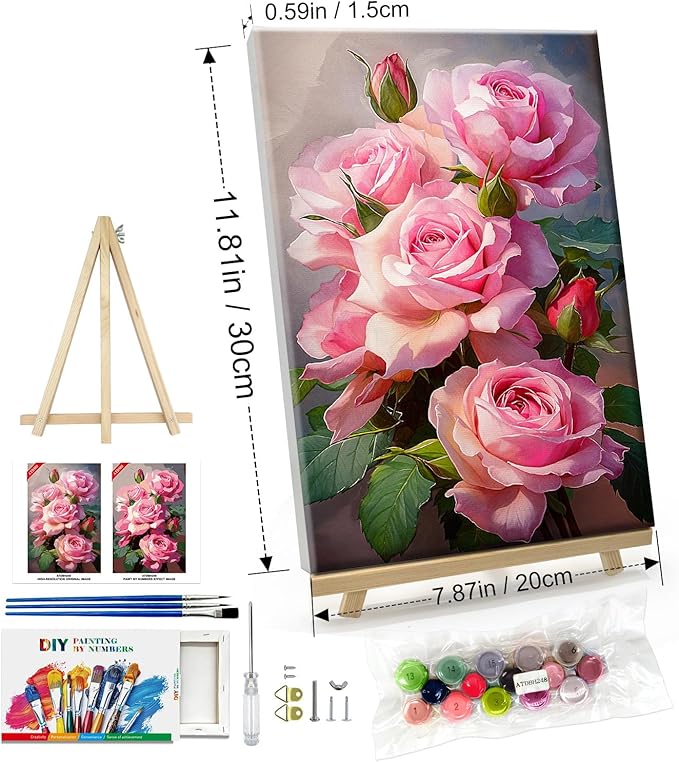 ATDMS Paint by Numbers Kit for Adults with Frame Flowers Paint by Numbers Kit with Easel DIY Adult Paint by Number Kits on Canvas Framed Floral Oil Painting Kits for Home Wall Decor 8x12 Inch