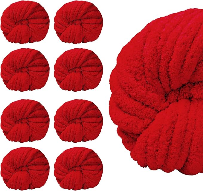 SUNTQ 8 Pack Chunky Chenille Yarn for Crocheting, Bulky Thick Fluffy Yarn for Hand Knitting Blanket, Soft Plush Knitting Yarn for Cushions, Pet Bed,Home Decor,Christmas Red(32 yds,8.8 oz Each Skein)