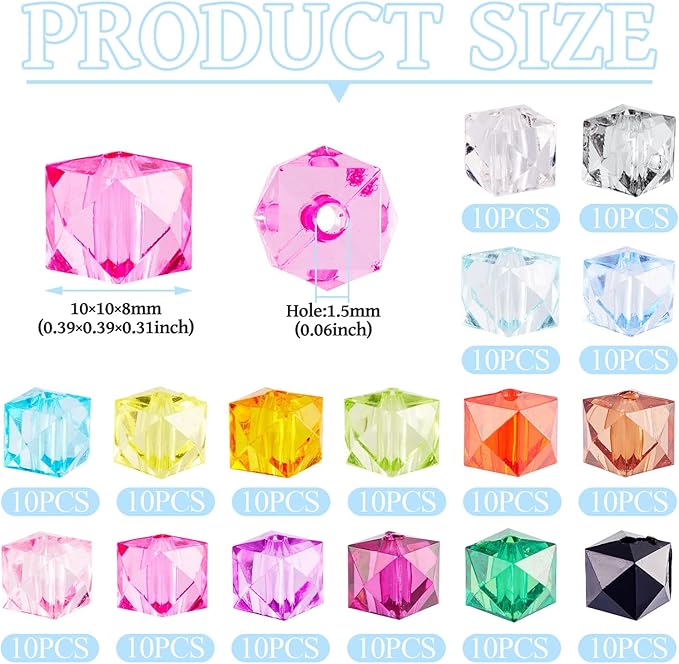 FASHEWELRY 160Pcs Clear Acrylic Cube Beads 10mm Square Crystal Beads Transparent Faceted Kandi Bead Colorful Cube Spacer Bead for Bracelets Necklace Earring DIY Jewelry Making