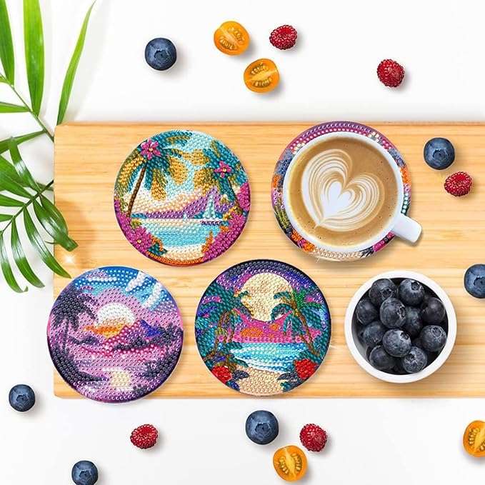 EWJRNSF 6 PCS Small Diamond Art Coasters Kits, Diamond Painting Coasters, Fall Diamond Art Kits for Adults Beginners, Arts and Crafts Item Sets with Holder for Drinks. Ocean Beach