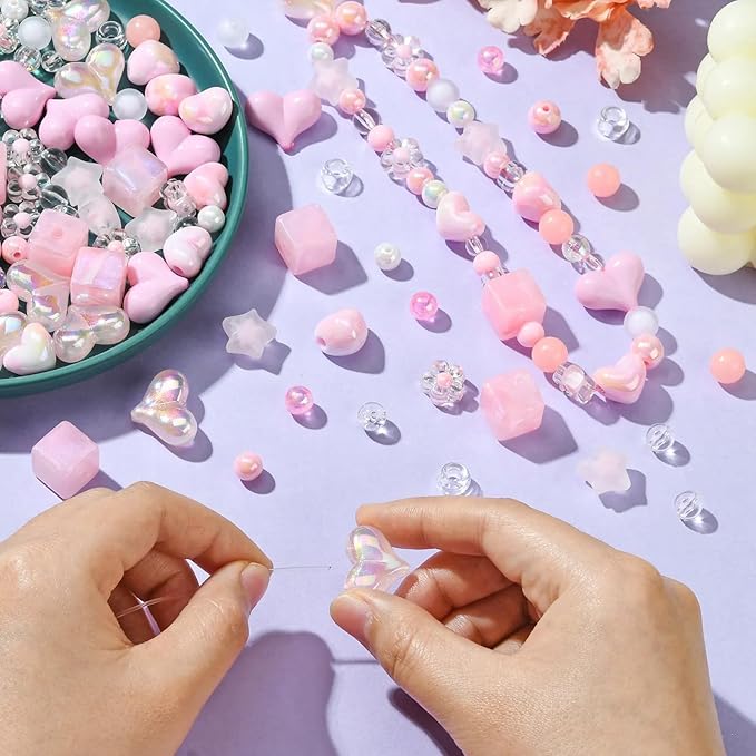 Assorted Acrylic Beads for Bracelet Making Kit, 150g Pink Cute Beads for Keychain Making, Kandi Charms, Kawaii Jewelry Making, DIY Crafts