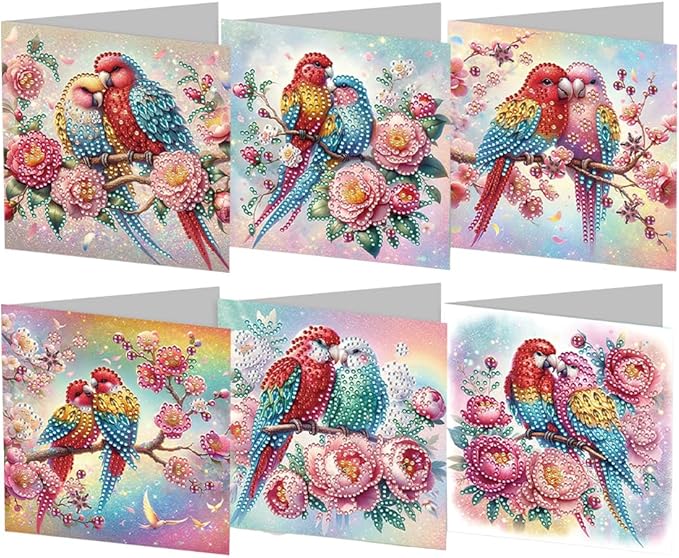 6 Pack 5D DIY Diamond Painting Parrot On Tree Greeting Card Kit, Diamond Art Christmas Birthday Holiday Greeting Card, Art Crafts Kit Creative Gift with Envelope