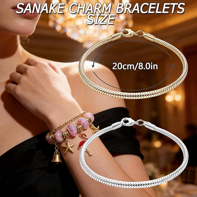 Exway 20 Pcs Snake Charm Bracelet Chain 8.0 Inch Gold and Silver Charm Bracelet Kit Snake Chain Bracelets Chain for Christmas DIY Women Jewelry Making Gifts
