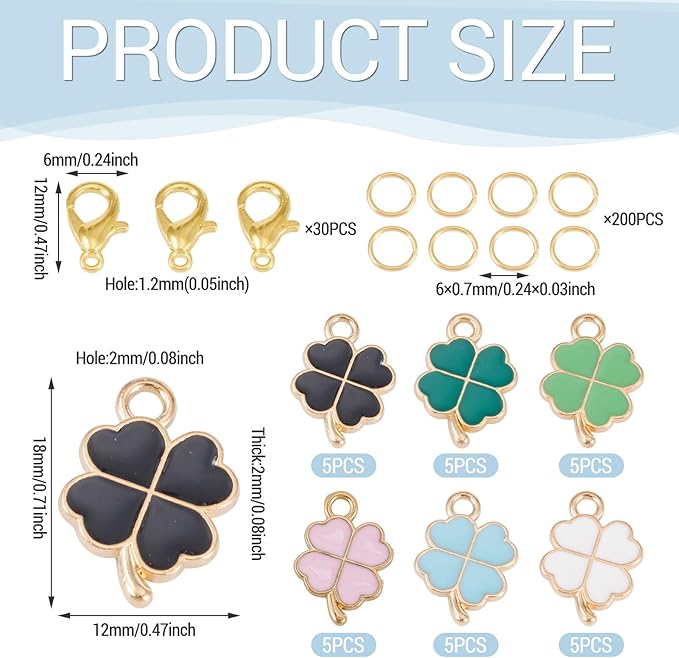 Cheriswelry St. Patrick's Day Craft Supplies Green Clover Four Leaf Pendants Shamrock Enamel Charms with Alloy Lobster Clasp Jump Rings 18x12x2mm for DIY Bracelet Necklace Earring 260Pcs/Set