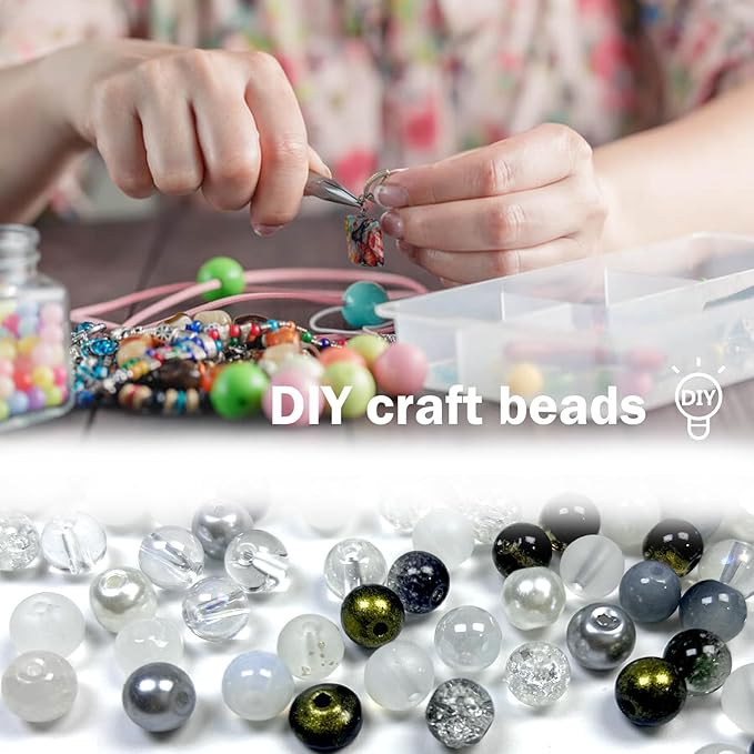 300pcs 8mm Glass Beads, 24 Colors Assorted Glass Beads for Jewelry Making, Black and White Series Round Spacer Bead Kit for Bracelet Necklace DIY Craft