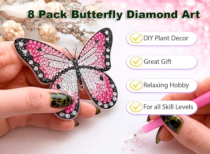 BEAUTYMEHNDI STORE 8 Pack Diamond Art Butterfly Plant Stakes – DIY Mini Diamond Painting Kit for Adults, Garden Decor, Partial Drill Jewel Art, Small Craft for Indoor & Outdoor Plants Adult