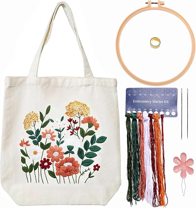 CREAWONDER Canvas Tote Bag Embroidery Kit with Pattern for Beginners, Arts and DIY Embroidery Crafts Kits for Adults, Include Instructions, Thimble, Embroidery Hoops, Color Threads and Tool