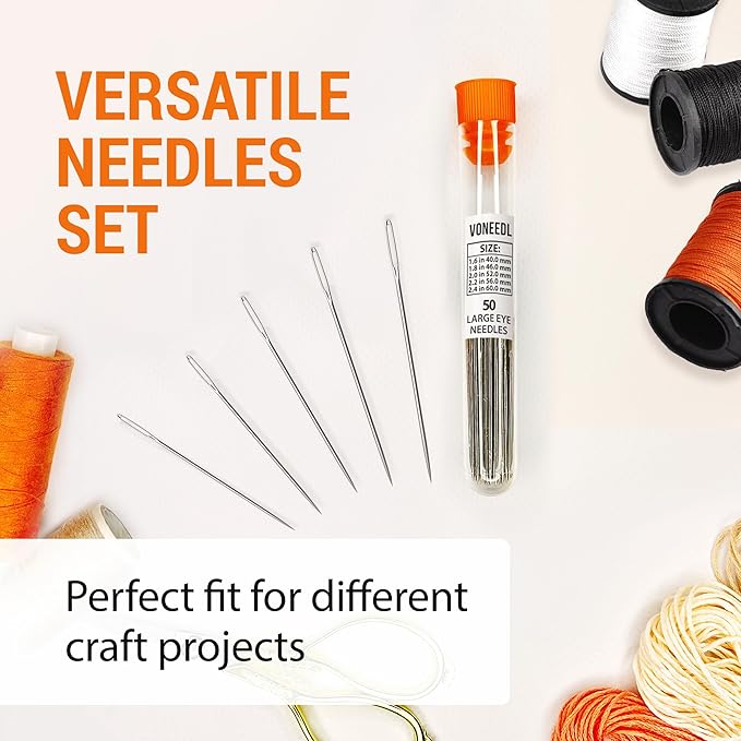 VONEEDL 50 Large Eye Heavy Duty Needles - 5 Sizes Easy to Thread Sharp Point Needles Perfect for Hand Sewing, Knitting, Crewel Darning, Crafting, and DIY