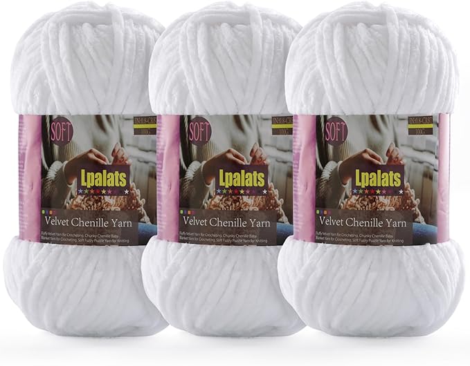Baby Blanket Yarn for Crocheting Soft - 3 Pack of 100g/3.5oz Chunky Chenille Yarn for Knitting Blankets Amigurumi - Super Bulky Yarns - 261 Yards Thick Plush Yarns (3, White)
