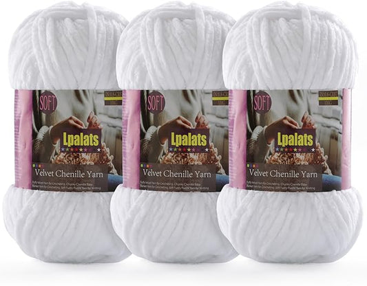 Baby Blanket Yarn for Crocheting Soft - 3 Pack of 100g/3.5oz Chunky Chenille Yarn for Knitting Blankets Amigurumi - Super Bulky Yarns - 261 Yards Thick Plush Yarns (3, White)