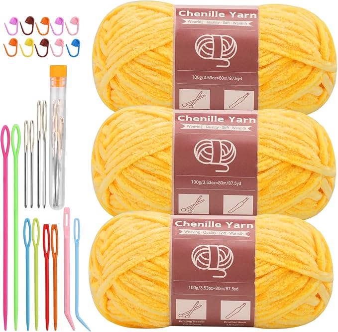 LUNARM Chenille Yarn for Crocheting Knitting, 3 Skein 263 Yard Thick Soft Chunky Fluffy Weaving Plush Yarn for Blankets Clothes Pattern Creations with Big Eye Needles (Yellow)