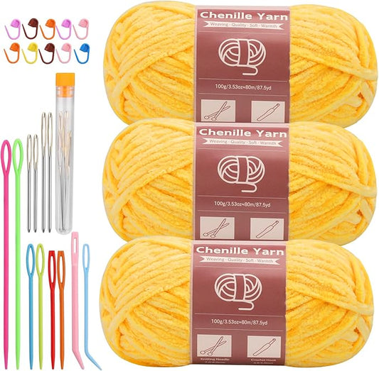 LUNARM Chenille Yarn for Crocheting Knitting, 3 Skein 263 Yard Thick Soft Chunky Fluffy Weaving Plush Yarn for Blankets Clothes Pattern Creations with Big Eye Needles (Yellow)