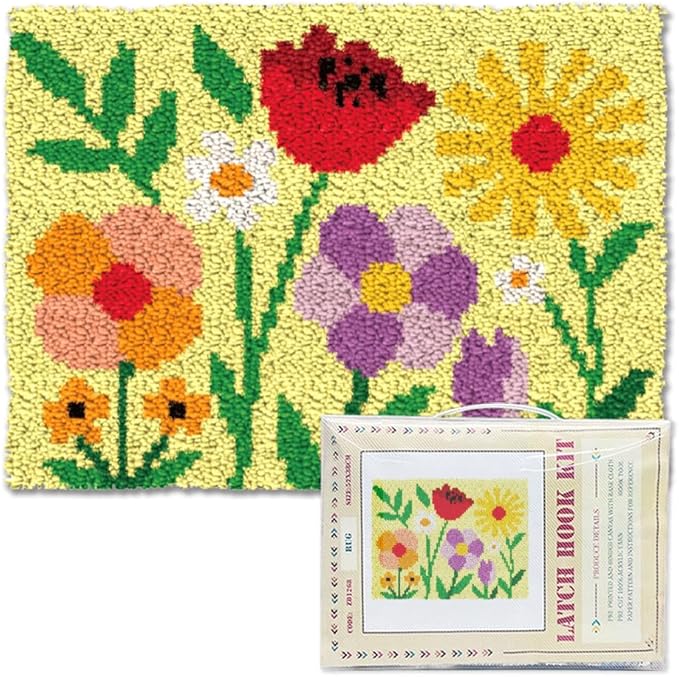 ORIGACH Simple Wildflower Latch Hook Rug Kit for Adults Printed Rug Making Kit Handmade Carpet Tapestry Cover with Hook Latch and Preprinted Canvas, Home Arts Crafts Sofa Decor, 20.5x15inch
