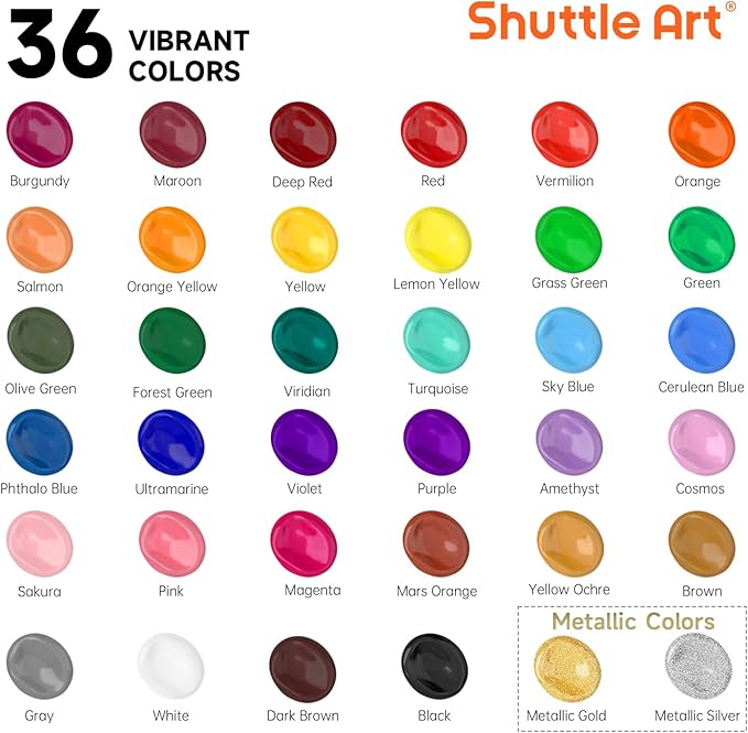 Shuttle Art Acrylic Paint, 36 Colors Acrylic Paint Set with Brushes & Palette, 2oz/60ml Bottles, Rich Pigments Non-toxic for Artists Kids & Adults, Painting on Canvas Rocks Ceramic Wood