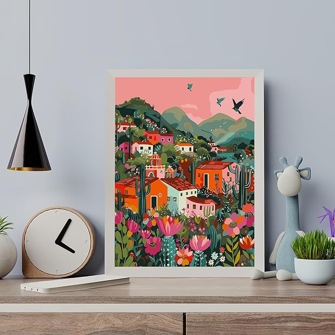 Paint by Numbers Kit for Adults Beginner, Mexican Village Building Adult Paint by Number Kits on Canvas, DIY Acrylic Oil Easy Painting by Numbers for Home Wall Decor 16X20 inch (Without Frame)