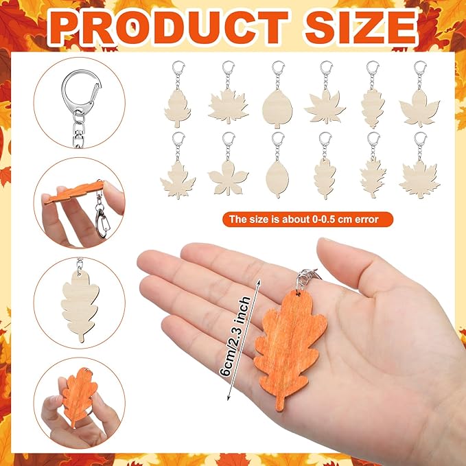 Trnayi 36 Pcs Thanksgiving Maple Leaf Wood Crafts Color Your Own Maple Leaf Keychains DIY Coloring Gifts for Thanksgiving Painting DIY Arts Crafts Project Home Decoration