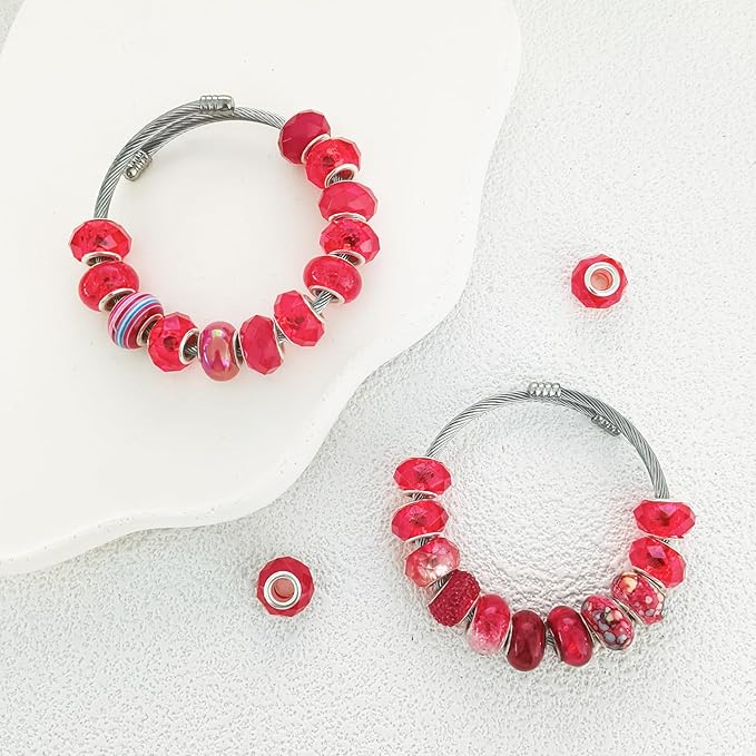 Large Hole Beads Red European Beads for Pens 100 Pieces Assorted Large Hole Fairy Wand Garden Beads Lampwork Craft Spacer Beads for DIY Charms Bracelet Necklace Decoration Jewelry Making Supplies