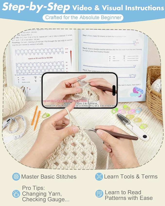 Arborthread Crochet Kit for Beginners, Easy Pocket Shawl & Scarf Crochet Kit for Adults w/Ample Premium Yarn to Fit Different Sizes, Step-by-Step Video & Instructions, Light Khaki