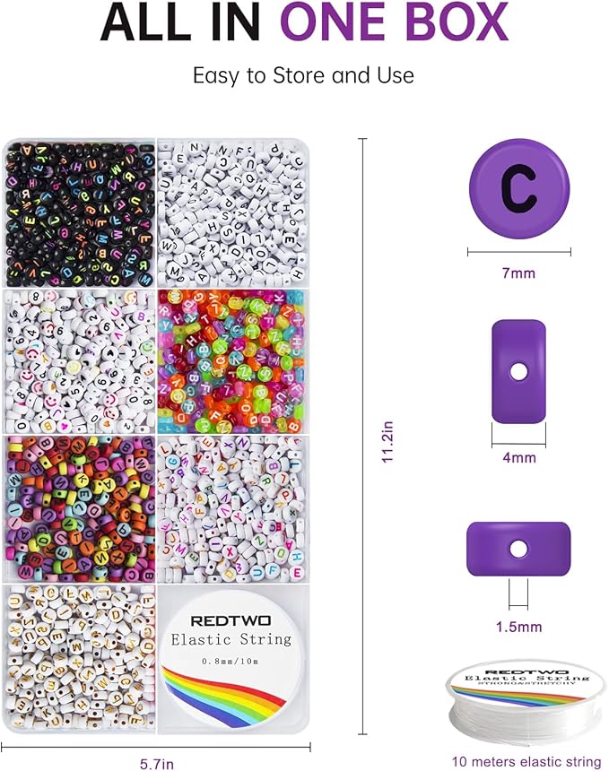 Redtwo 1600 Pcs Letter Beads Kit, 6 Styles of Colorful Alphabet Beads for Bracelet, Number Smiley Face Beads Heart Beads and a Roll of Elastic String for Friendship Bracelet Kit