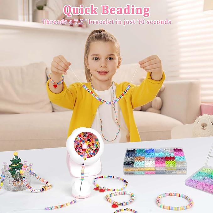 Myartype Clay Bead Spinner and Seed Bead Spinner, 2-in-1 Electric Bead Spinner for Jewelry Making, Bracelet Spinner and Necklace Making Machine with Bead Needles and Thread (Pink)