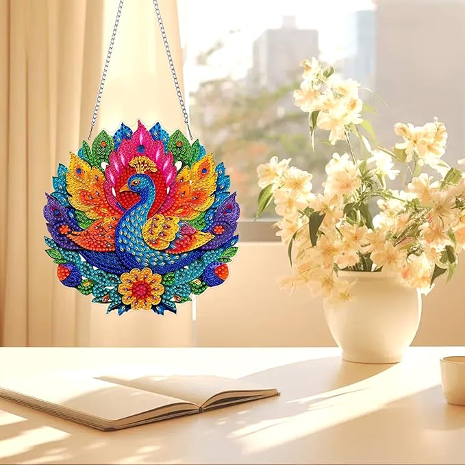 AIRDEA Hanging Diamond Painting Kits Peacock,Special Shaped Diamond Art Kits for Beginner Animals and Flowers Gem Art Pendant Decor,7.87x7.87in