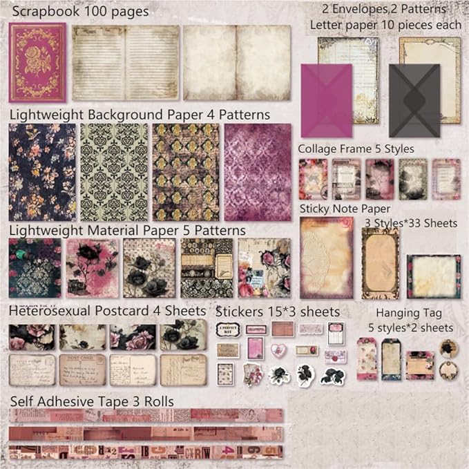 Diuhofart Vintage Scrapbooking Supplies Kit, 185pcs Junk Journal Kit with Scrapbook Paper A6 Aesthetic Notebook, Scrapbook Kit, Art Craft DIY Gift for Adult Women
