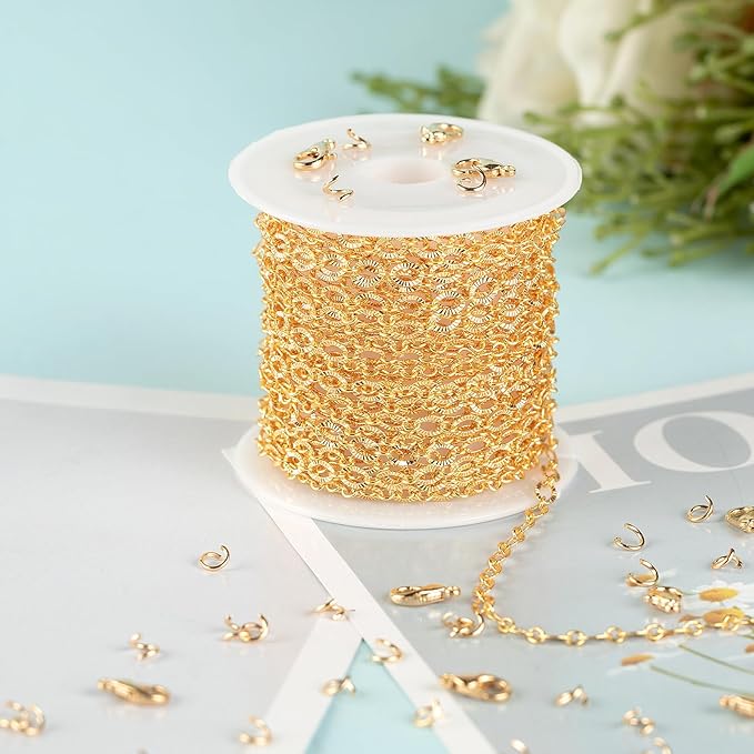 5 Meters 18K Gold Plated Chain for Jewelry Making, Shiny Light Gold Embossed Oval Cable Link Chain Spool Women Necklace Bracelet DIY Jewelry Findings