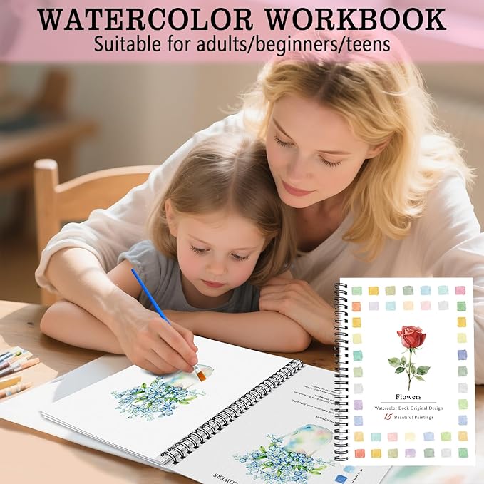SLWBZ Watercolor Workbook Flowers, 15 Different Patterns of Original DIY Designs, Beginner-Friendly Watercolor Workbooks, (Flowers, Without Palette)