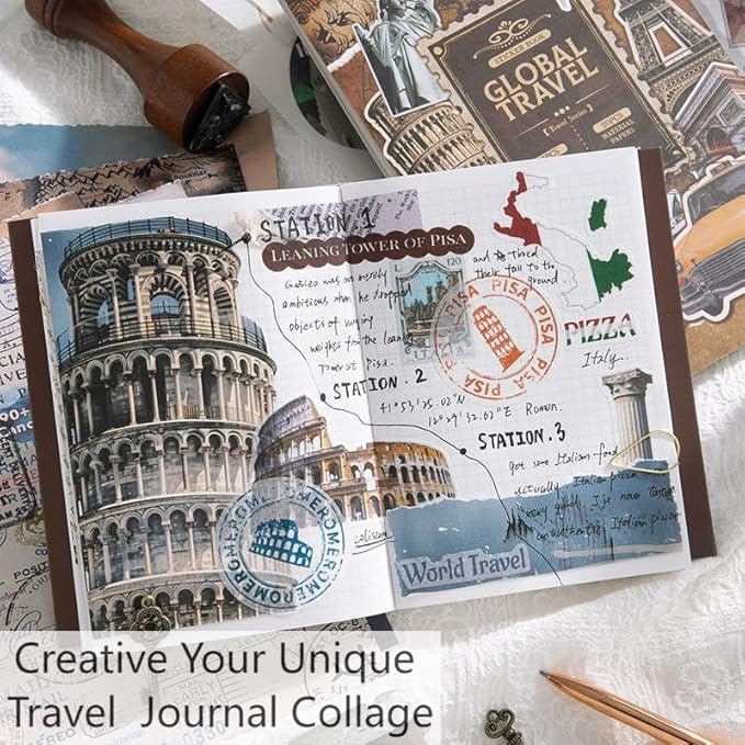 50 Sheets Travel Scrapbook Sticker Book for Scrapbooking, 300+ Washi Stickers with 20 A5 Scrap Book Papers for Journaling, Junk Journal Supplies, Collage, Bujo, Art Crafts