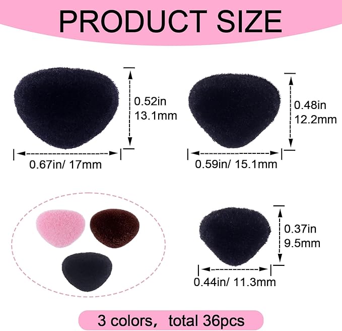 CustomyLife 36pcs Safety Noses for Amigurumi, 3 Sizes Plastic Craft Doll Noses with Washers, Flocking Stuffed Noses for Crochet Puppet Plush Toy Accessories- Black & Pink & Brown