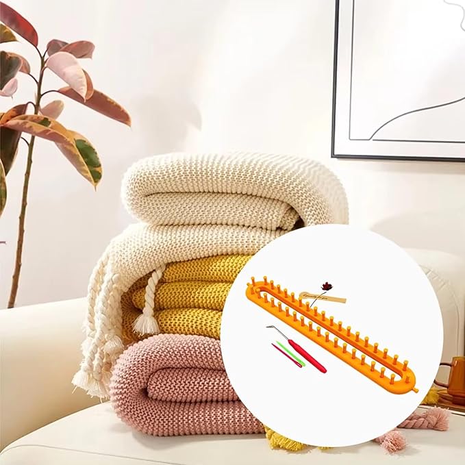 Rectangle Knitting Looms，Plastic Weaving Looms Set，Weaving Loom，Scarf Hats Making Tools，DIY Crocheting Handmade Craft Kit with a Crochet Hook and Needle for Knitting Lovers，36 cm (Yellow)