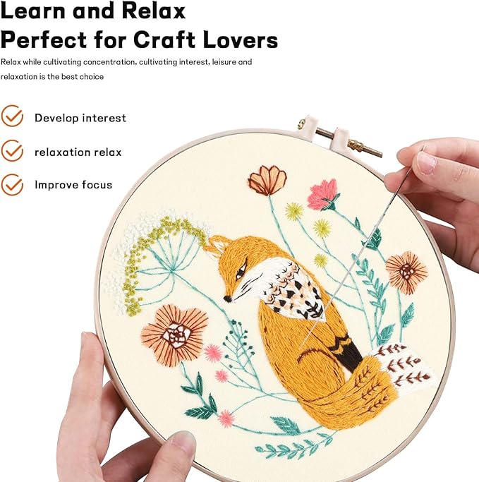 JOINRUN Beginner Embroidery Kit for Adults, Fox Cross Stitch Kits with 7.9" Hoop, Threads, Needles, Learn Stitches with Pre-Printed Patterns, Video Tutorial, DIY Needlework Craft Gift for Women