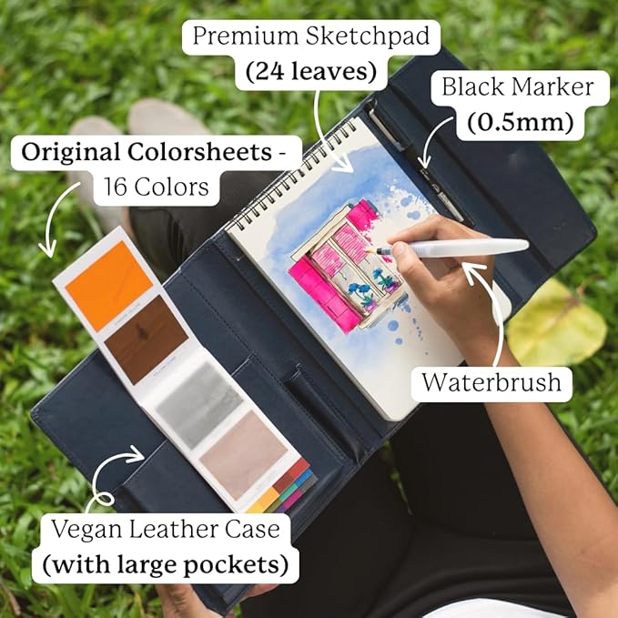 Viviva Colors A6 Travel Paint Set – Portable Watercolor Kit with 16 Colors, A6 Sketchpad, Leather Case, Waterbrush & Marker – Fun, Vibrant, Portable Travel Art Kit for Adults & Kids