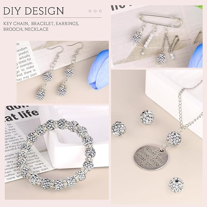 200pcs 10mm Black White Rhinestone Beads for Jewelry Making, Shiny Round Shamballa Disco Ball Beads, Sparkle Crystal Clay Christmas for Bracelet Baseball Necklace Earring Crafting and DIY