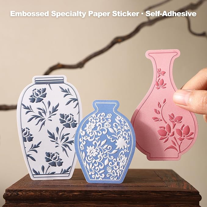Oriental Floral Vase Stickers – 80pcs Pre-Cut Ceramic Bottle Designs with Relief Texture, Self-Adhesive Decorative Paper for Scrapbook Journaling Collage Planner Crafts